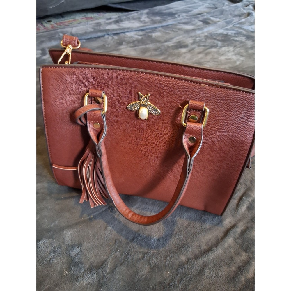 Brown Structured Satchel Bee Accent Tassel Gold Hardware Top Handle Shoulder Bag - Picture 2 of 16
